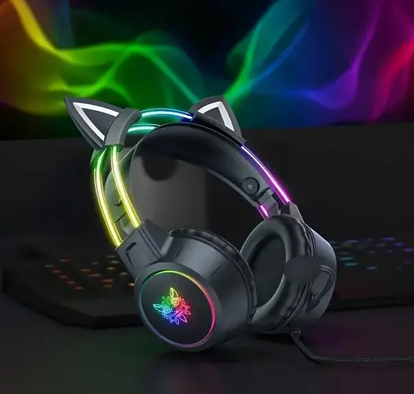 Накладні ігрові навушники Onikuma X15 Pro дротові з гарнітурою і котячими вушками та RGB-підсвіткою чорні - фото 2