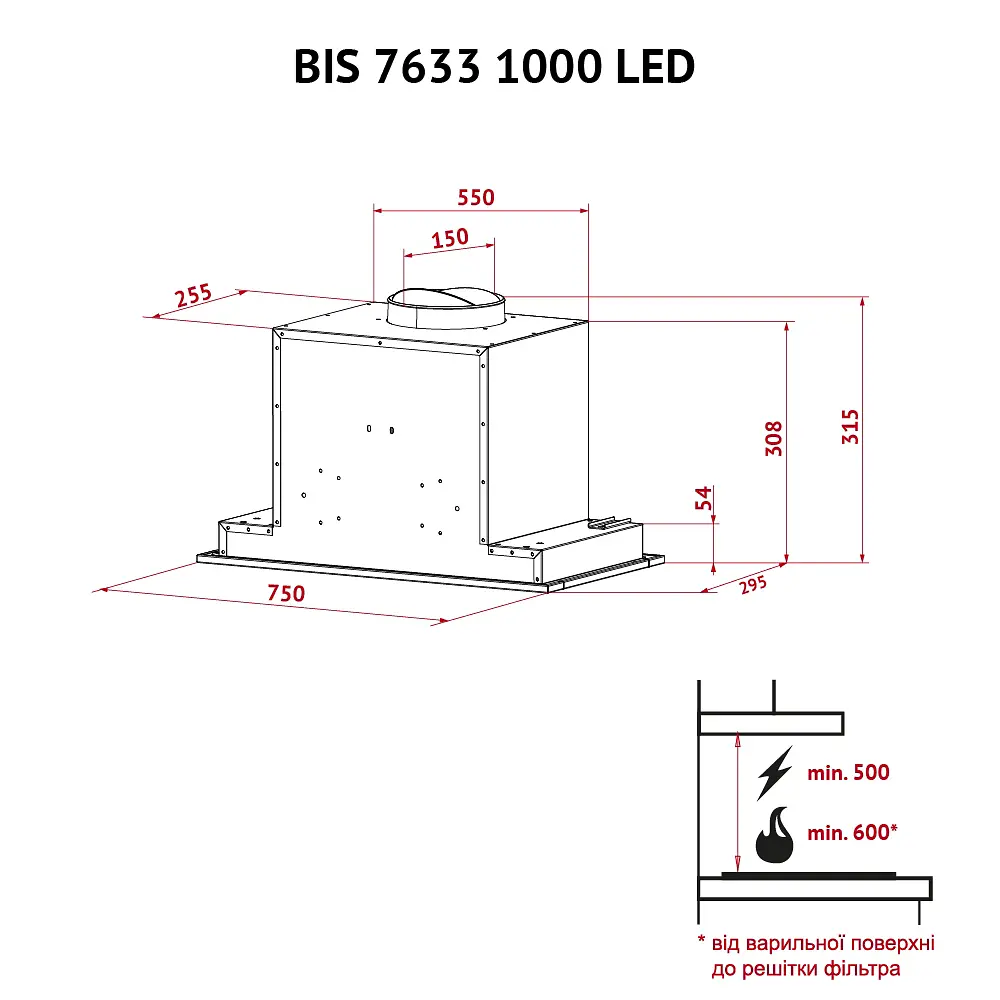 Витяжка повнобудована PERFELLI BIS 7633 I 1000 LED - фото 10
