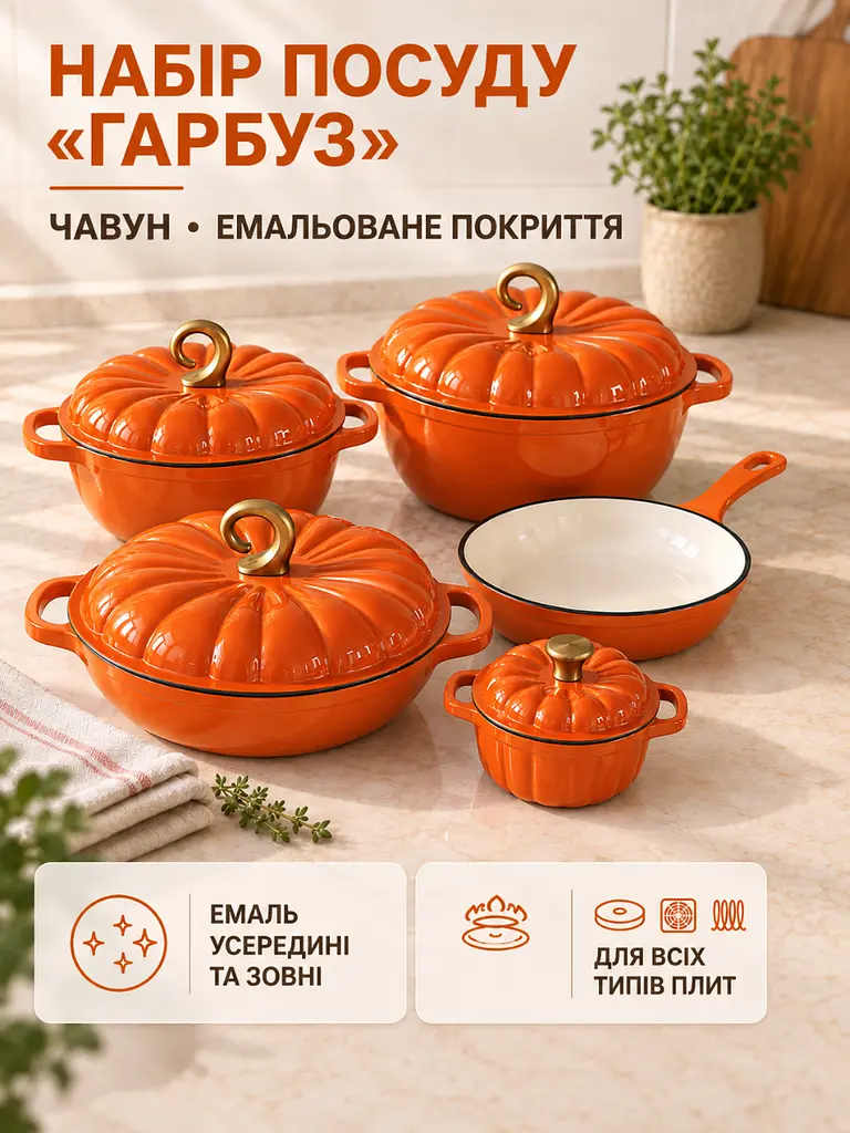 Набір чавунного емальованого посуду 9 предметів для всіх типів плит помаранчевий (37261111) - фото 2