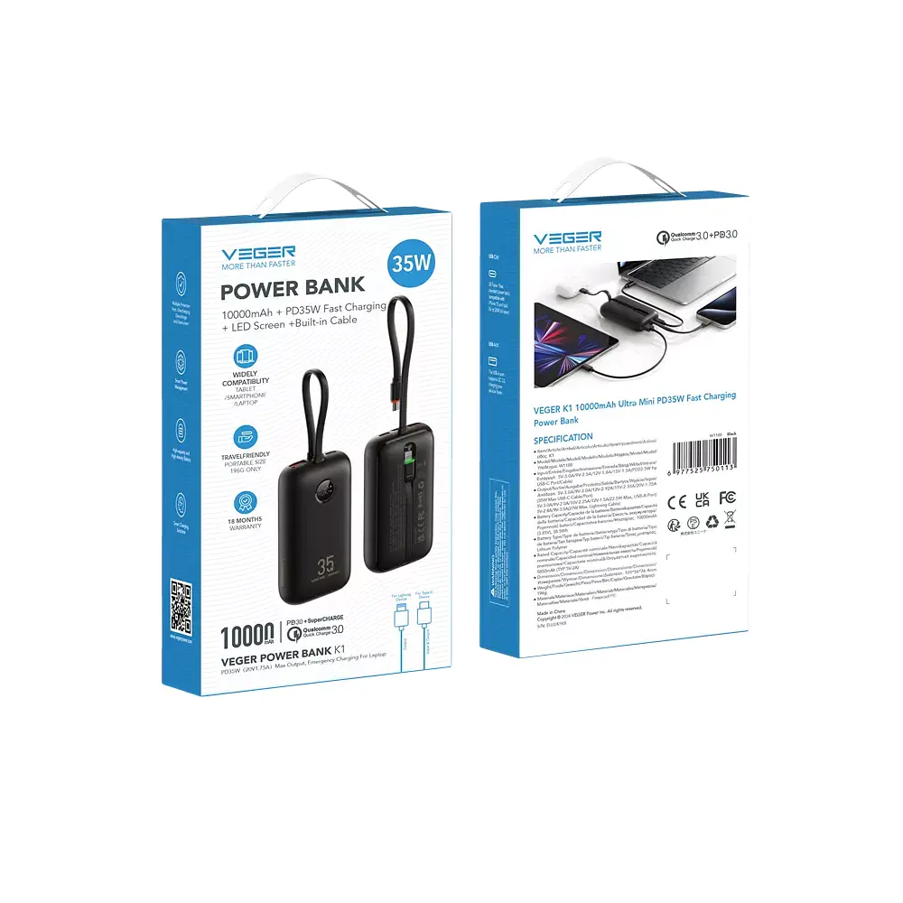 Зовнішній акумулятор VEGER 10000 mAh with built-in cables Type C / Lightning PD QC3.0 35W K1 (W1188) black (VG-W1188) - фото 2