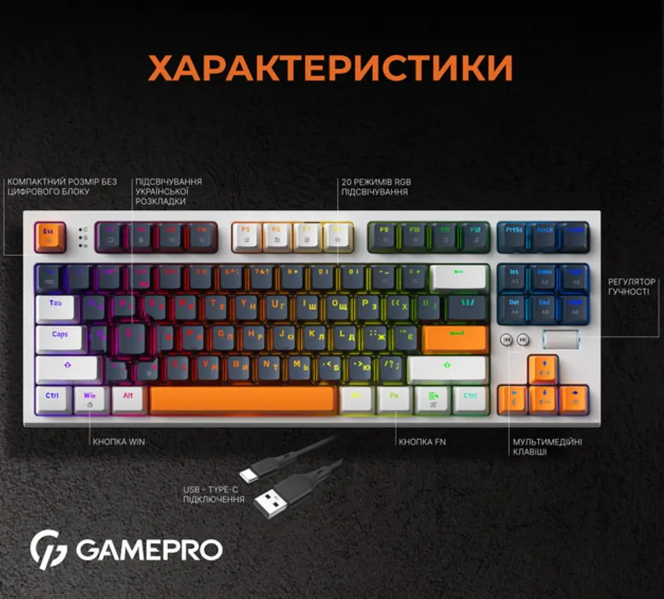 Механічна ігрова клавіатура GamePro GPMK-18 Red Switch Hot-Swap TKL RGB White - фото 8