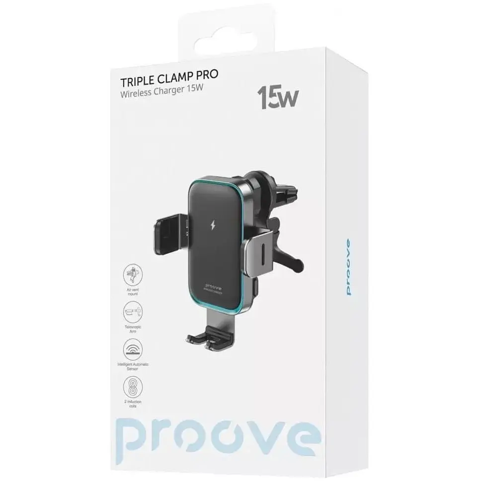 Автомобильный держатель с беспроводной зарядкой Proove Triple Clamp Pro 15W серый - фото 2