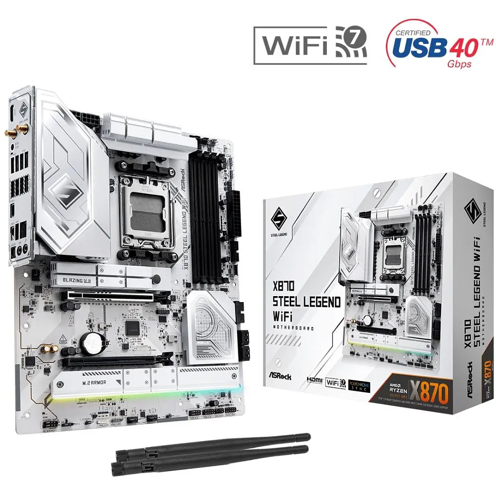 Материнська плата ASRock X870 STEEL LEGEND WIFI (AM5/X870, 4*DDR5, 2xPCIex16, HDMI/USB4, 4xSATA, 3xM.2, 2.5GLan, ATX) (X870 STEEL LEGEND WIFI) - фото 2