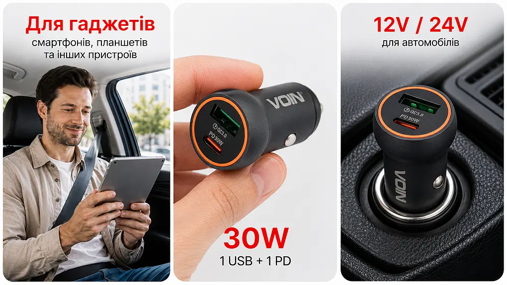 Автомобільний зарядний пристрій VOIN 30W, 1USB QC3.0 18W + 1PD 30W, 12/24V (C-36212) - фото 7