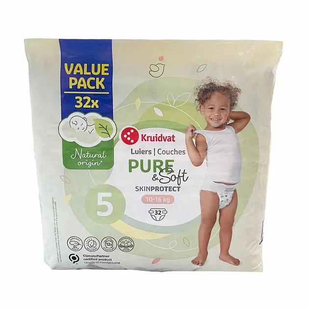 Дитячі підгузники Kruidvat Pure & Soft 5 (10-16 кг) 32 шт