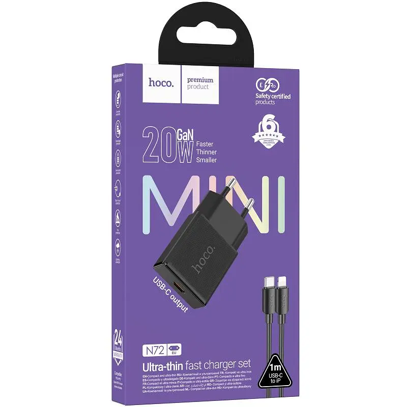 СЗУ Hoco N72 Speed ​​ultra-thin PD20W (1USB-C) + кабель Type-C to Lightning Black - фото 2