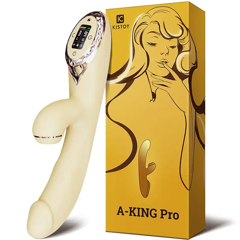 Вакуумний вібратор-кролик з підігрівом KISSTOY A-King Pro Yellow, з LED-екраном - фото 4