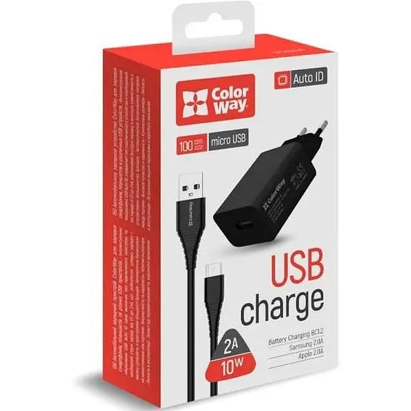 Сетевое зарядное устройство ColorWay 1USB AUTO ID 2A (10W) + cable micro USB Black - фото 2