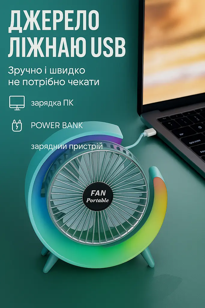 Настільний акумуляторний USB вентилятор із RGB LED підсвічуванням поворотний на 180° охолоджувач повітря світлодіодний нічник UKC - фото 2