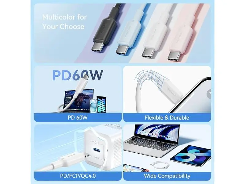 Кабель USB Type-C Vention USB2.0 Type-C Male to Type-C Male 3A 1м White (TRCWF) - фото 2