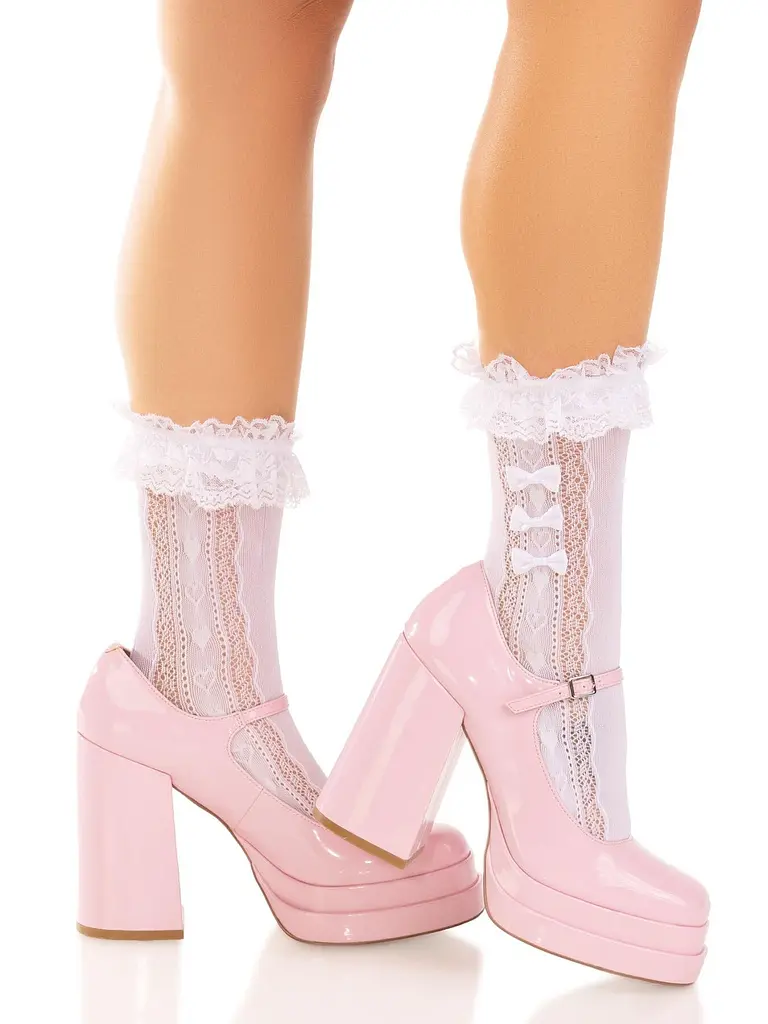 Шкарпетки ажурні Leg Avenue Mini Bow Lace Anklet, білі, з рюшами, декор — бантики - фото 2