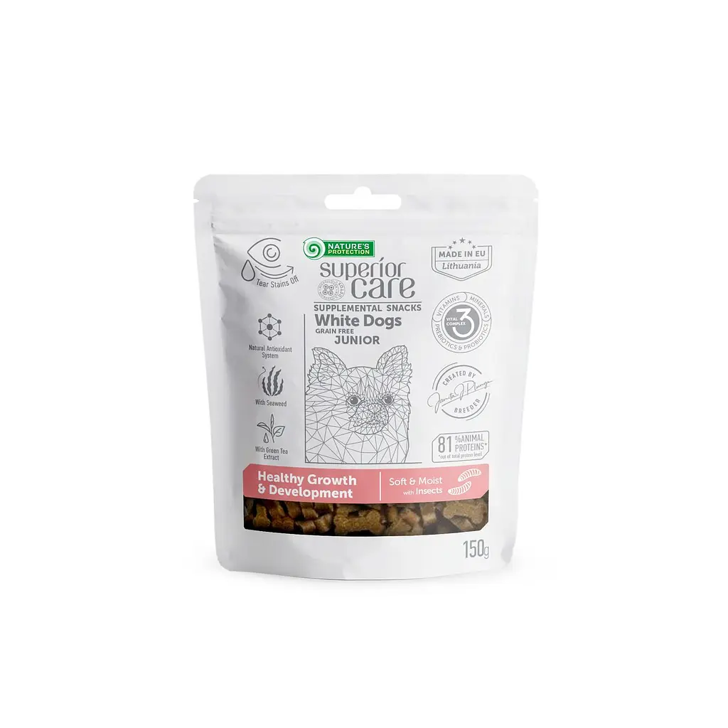Беззернові ласощі для білих юніорів Nature's Protection SC White Dogs Growth з білком комах, 150 г