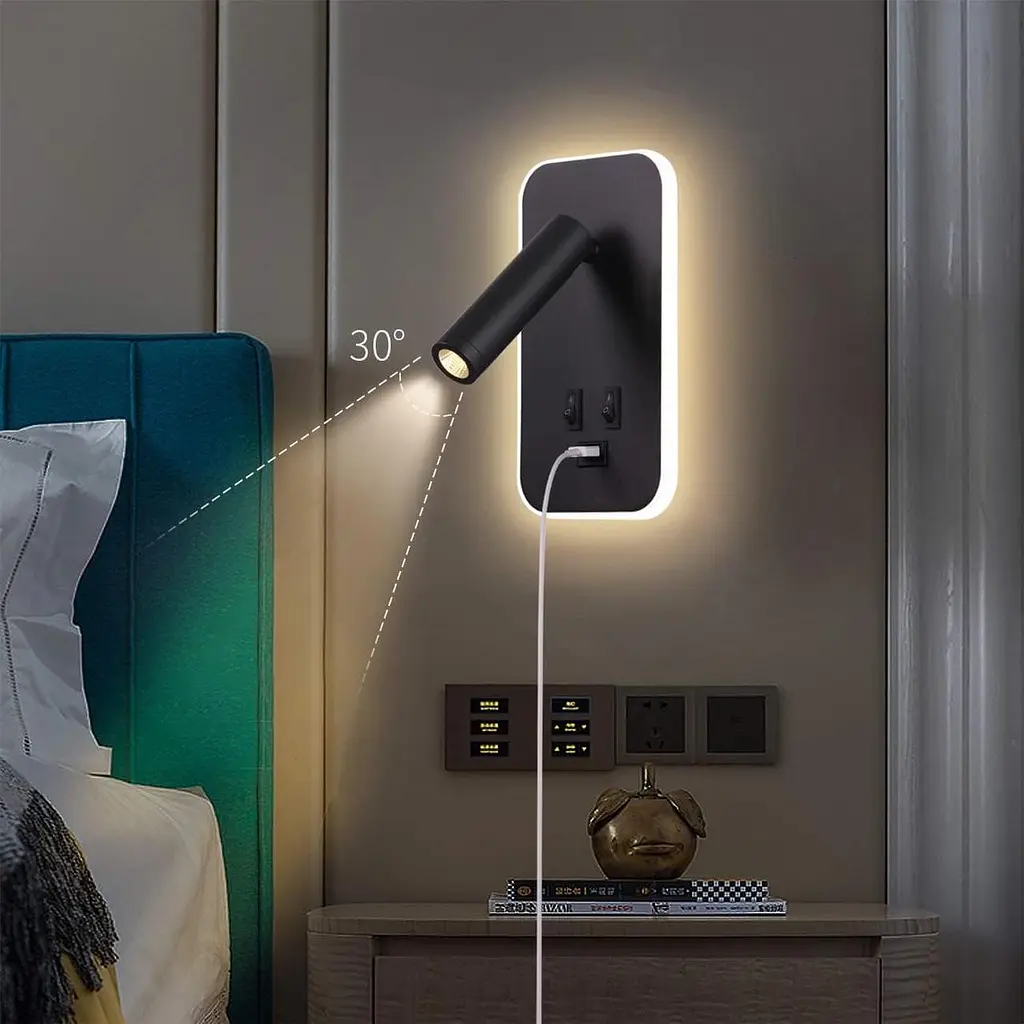 Настінний LED світильник для читання 3W+9W із USB-зарядкою, вимикачами, 3100K, чорний - фото 7