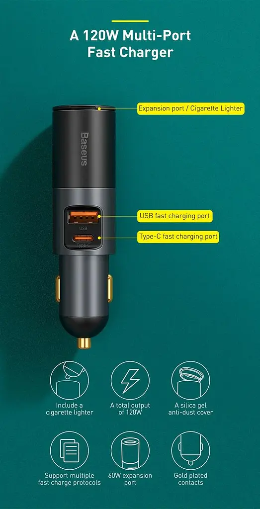 Розгалужувач сплітер авто адаптер наскрізний Baseus 120W Car Splitter U+C CCBT-C0G - фото 5