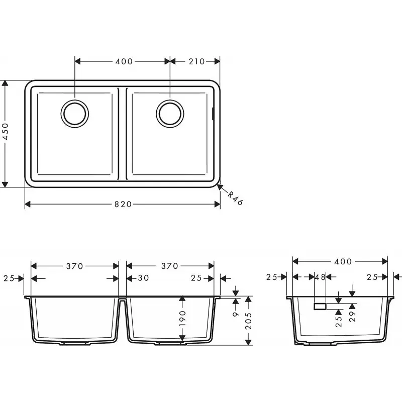 Кухонная мойка Hansgrohe S510-U770 под столешницу 820x450 на две чаши 370/370 Graphiteblack 43434170, Черный - фото 2