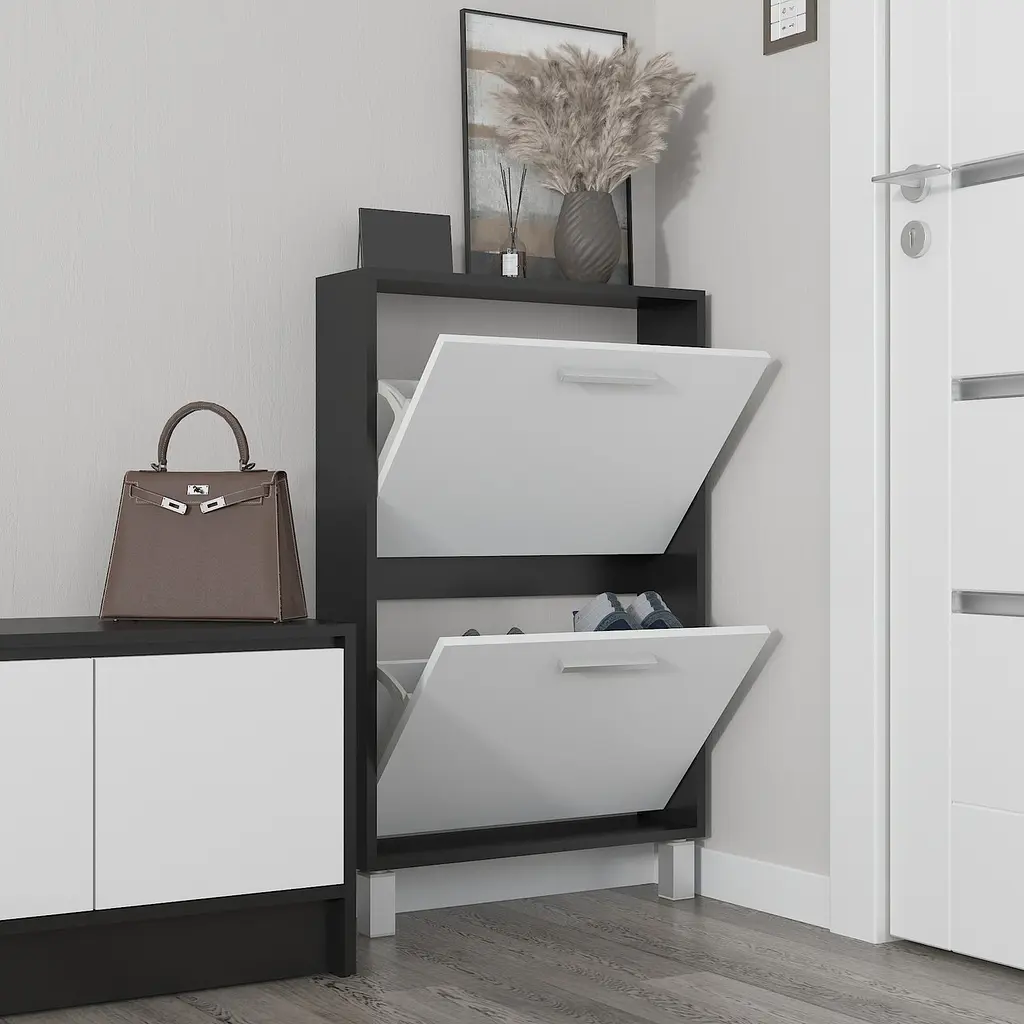 Полка для обуви Flamecame напольная на 2 ящика из ДСП F-158 Черный Белый - фото 2