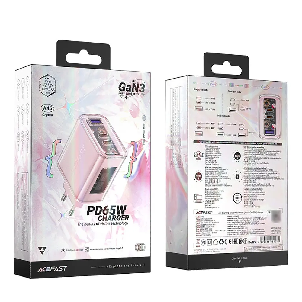 Сетевое зарядное устройство для Acefast A45 USB/2 Type-C QC PD PD65W GaN розовый - фото 8