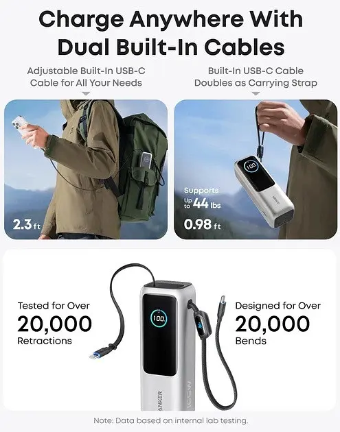 Портативний акумулятор Anker 25000mAh 165W PD Built-In Double USB-C Cables A1695H41 - фото 2
