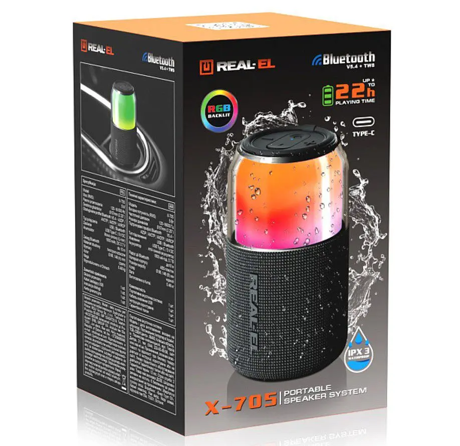 Портативная колонка REAL-EL RX705 5W Bluetooth TWS, RGB, Black - фото 16