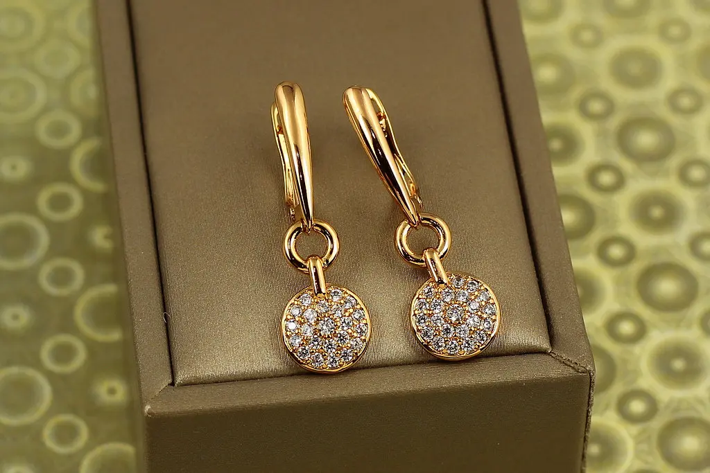Сережки підвіски Xuping Jewelry монетки з фіанітами 3.2 см золотисті - фото 3