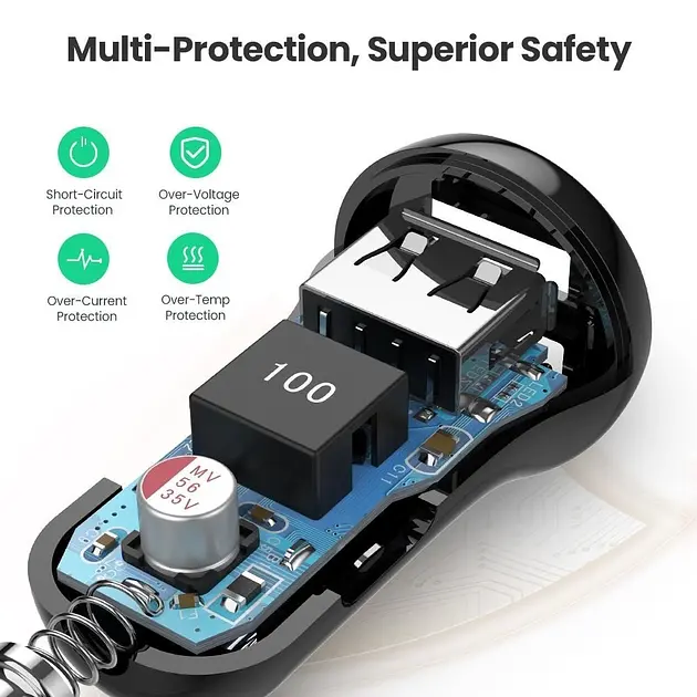Автомобільний зарядний пристрій - адаптер живлення UGREEN ED018 2 виходи U+U 24 W (50875) чорний - фото 5