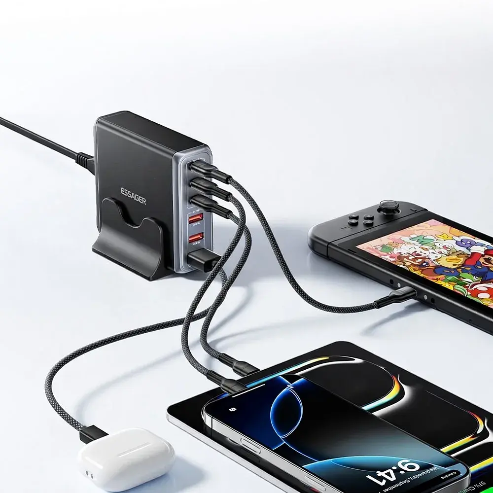 Зарядний пристрій Essager 3xUSB-C + 3xUSB-A 85W GaN black (EZC85W-SXB0G-Z) - фото 7