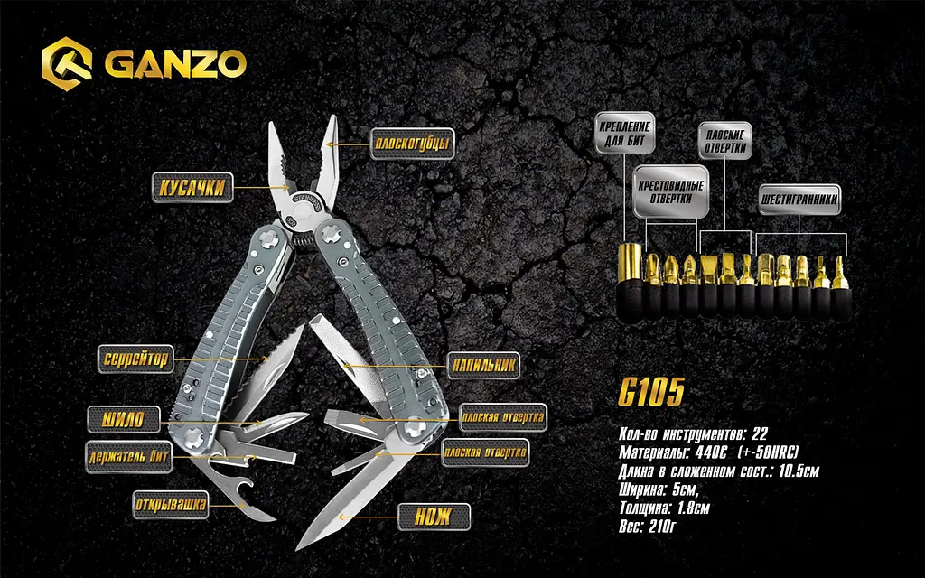 Мультитул Ganzo Multi Tool (G105) G3130, Сріблястий - фото 7
