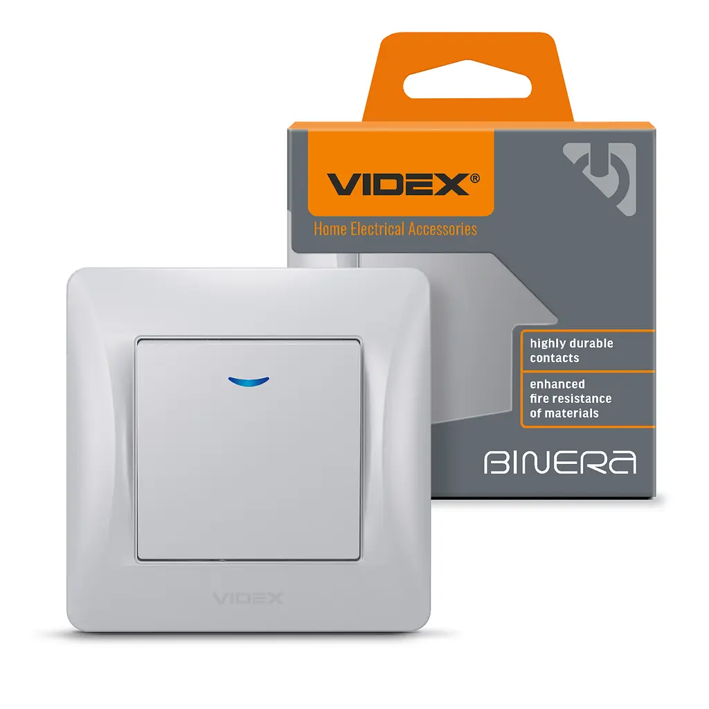 Вимикач одноклавішний з підсвіткою срібний шовк VIDEX BINERA VIDEX (24913-000)