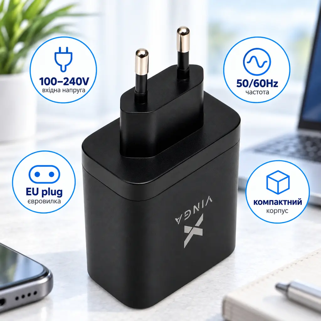 Зарядний пристрій Vinga 2xUSB-C + USB-A Display 65W (VCR65ACCDB) - фото 2