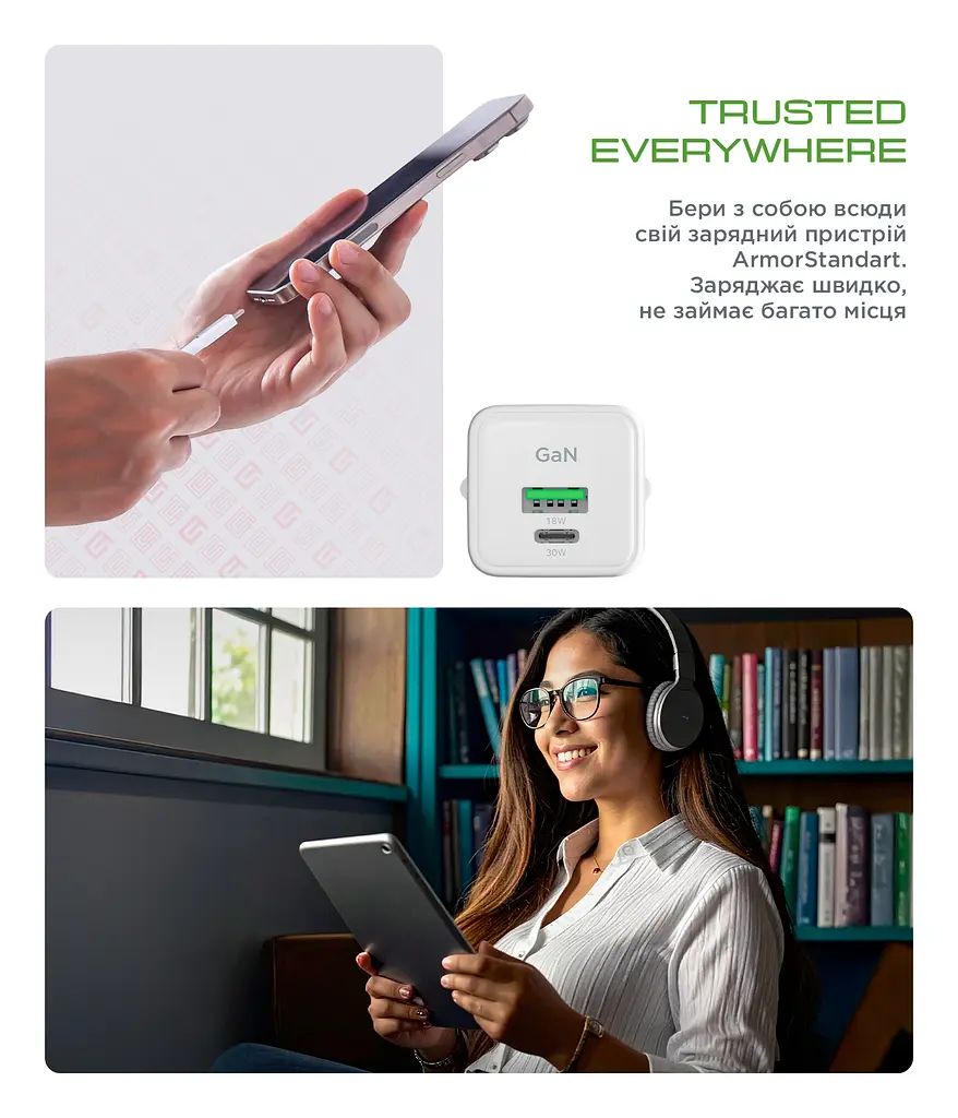 Зарядний пристрій AR371 GaN 30W White, 2 порти USB-C і USB-A, підтримка Power Delivery 3.0 і PPS, швидка зарядка для планшетів Apple, Samsung, Xiaomi і смартфонів, ArmorStandart (ARM77549) - фото 8