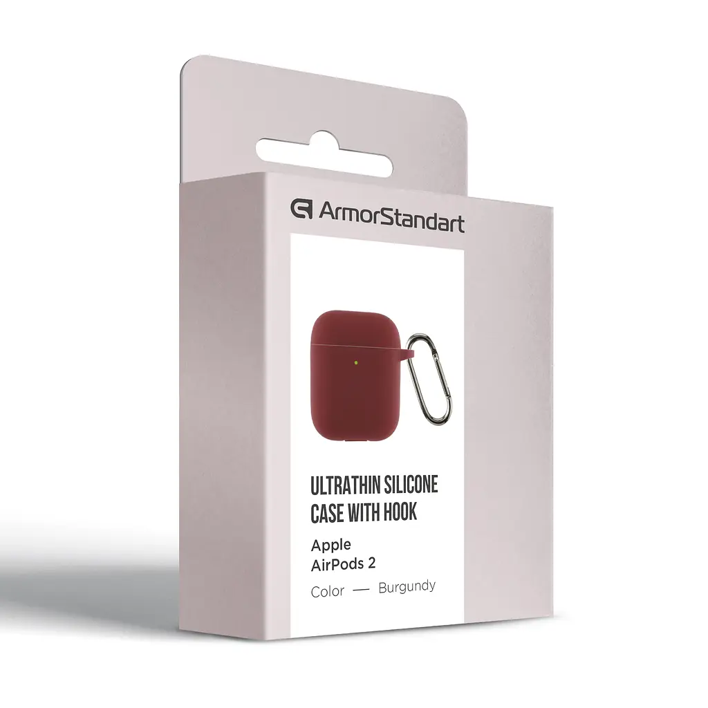 Силіконовий чохол для навушників Apple AirPods 2, Hang Case, бордовий, ультратонкий захисний кейс товщиною 2 мм, захист від подряпин, пилу та ударів, компактний, з карабіном для кріплення, ArmorStandart (ARM59680) - фото 3