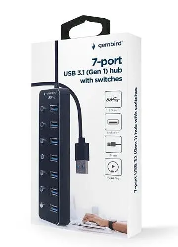 Хаб USB Gembird UHB-U3P7P-01, Black, USB 3.1 - 7xUSB 3.1, кабель 24 см, вимикач для кожного порту, алюминиевый корпус - фото 2