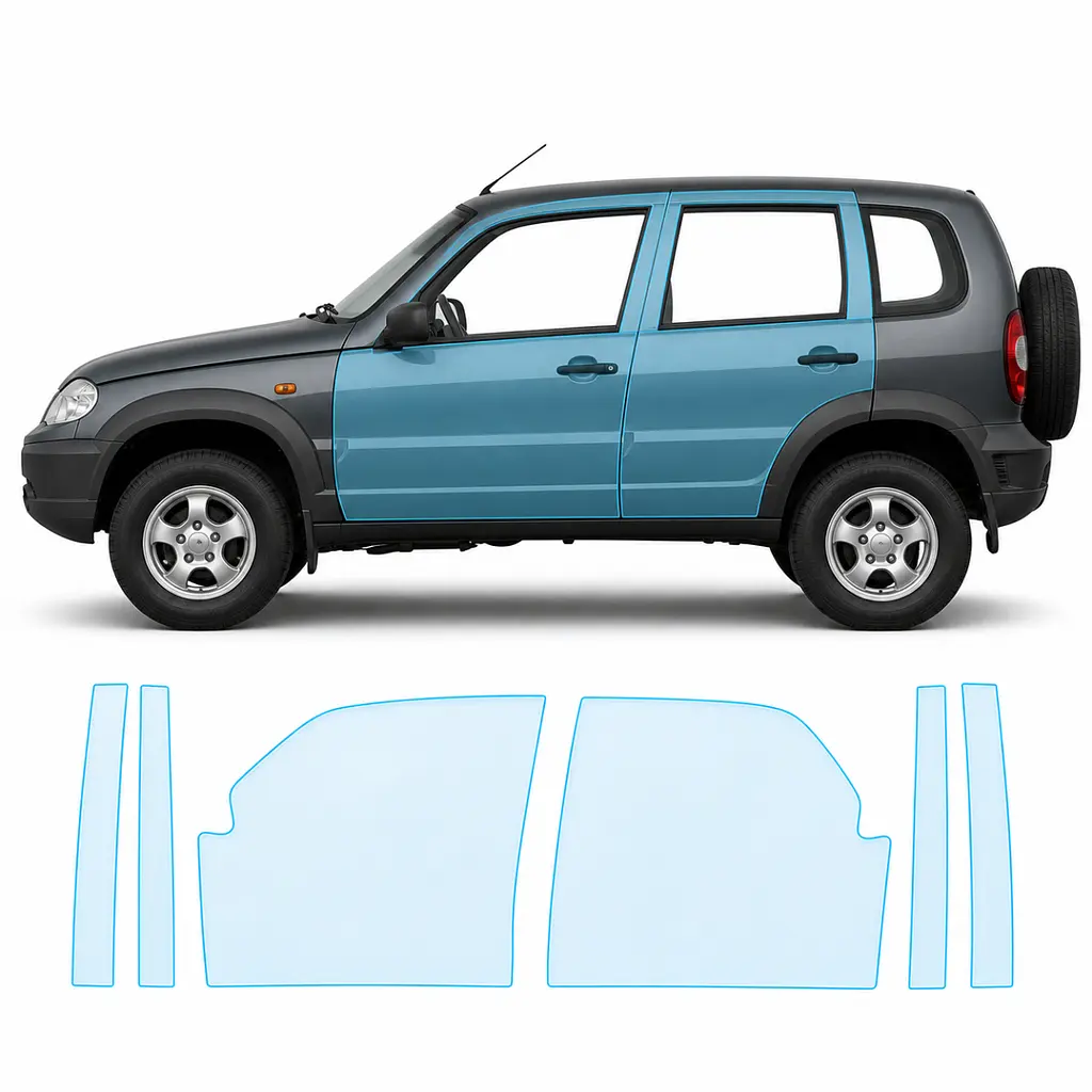 Антигравійна захисна бронеплівка за лекалами для Chevrolet Niva I facelift 2009-2020 - зони дверей і стійки вікон