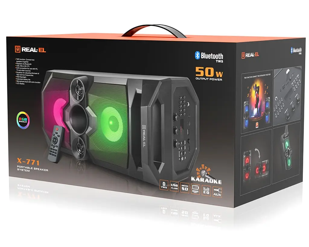 Портативна колонка бумбокс Real-El RX771 Boombox 50W Bluetooth TWS, Караоке, RGB, Чорний - фото 12