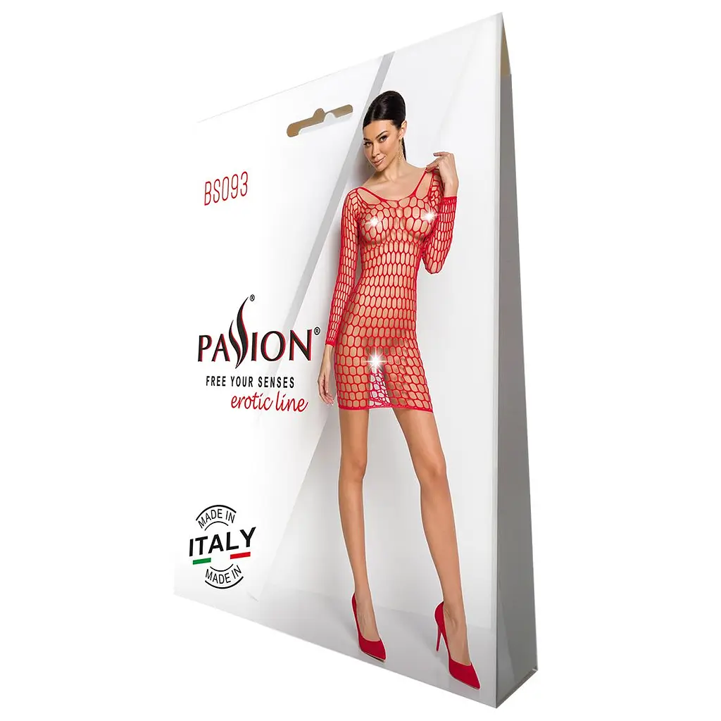 Бодістокінг-сукня з глибоким коміром Passion BS093 red, довгі рукави - фото 4