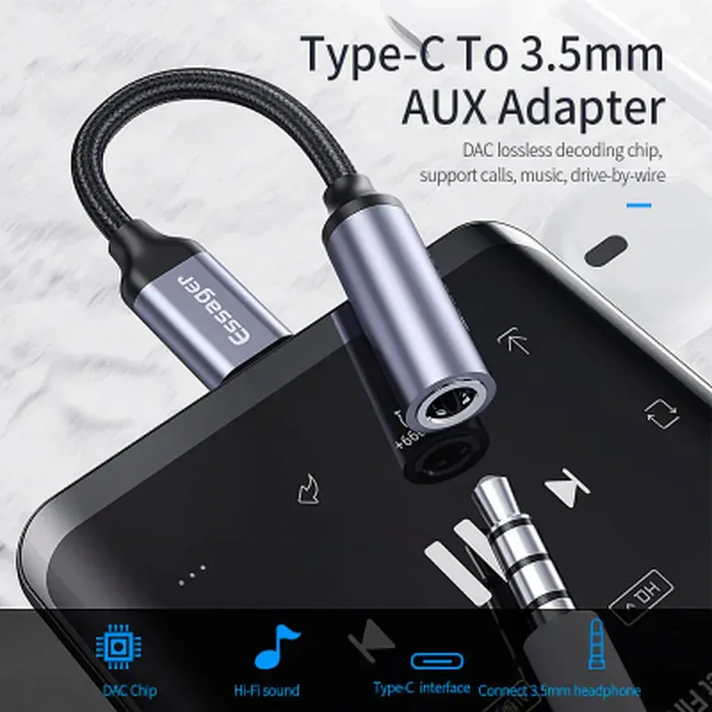 Перехідник USB-C M to 3.5mm F 0.12m gray Essager (EZJE01-0G) - фото 3