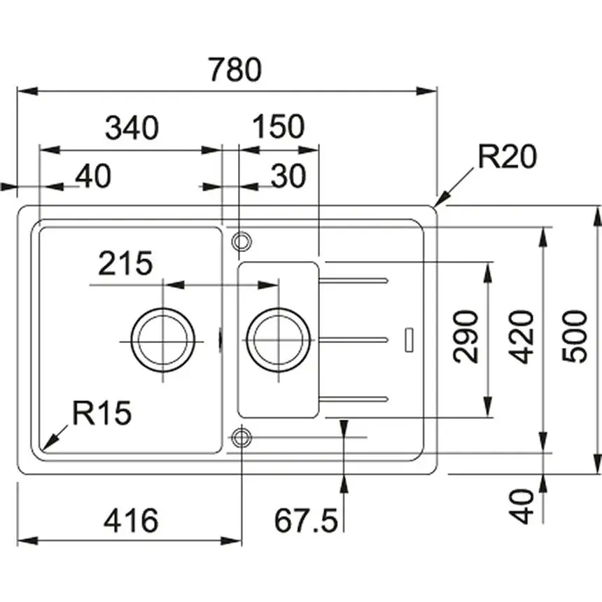 Кухонная мойка Franke Basis, фрагранит, прямоугольник, с крылом, 780х500х200мм, чаша - 2, накладная, BFG 651-78, сахара - фото 2