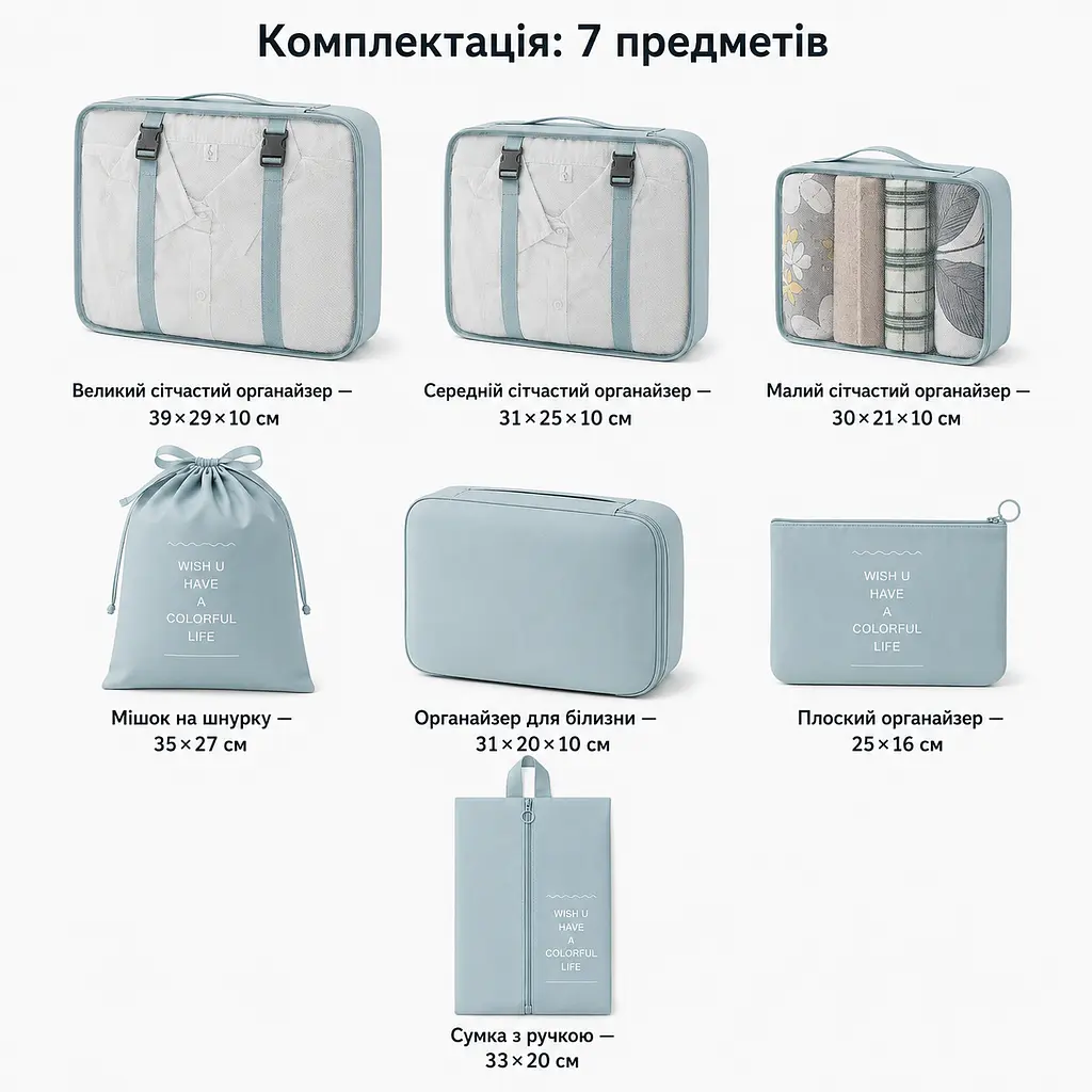 Набір органайзерів для валізи 7 в 1 — дорожні сумки для одягу та аксесуарів, комплект для подорожей сірого кольору KT8004203 - фото 10