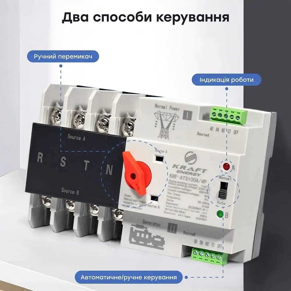 Автоматичний перемикач (АВР) під DIN-рейку Kraft KRF-ATS100A/4p 4 полюси (51-00102) - фото 9