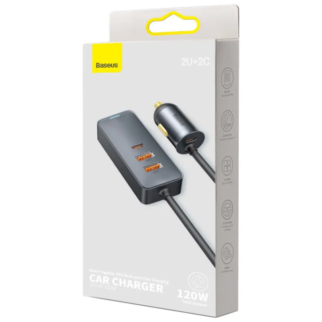 Автомобільний зарядний пристрій Baseus Share Together PPS multi-port Fast charging with extension cord 120W 2U+2C Gray (CCBT-A0G) - фото 2