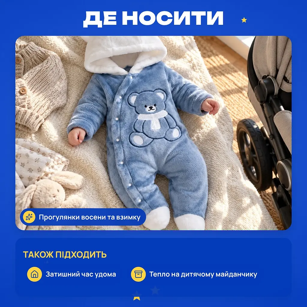 Комбінезон для хлопчика з капюшоном, плюшевий, ведмедик, осінь-зима - фото 3