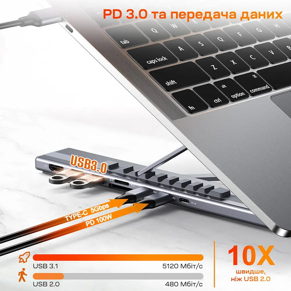 USB-C хаб-підставка 7-в-1 Choetech M57 HDMI 4K@30Hz, 2 USB 3.0, USB-C Data, USB-C PD 100W, SD-card, TF-card (43-00174) - фото 6