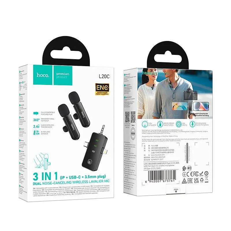 Мікрофон HOCO Fair dual-mic бездротовий мікрофон L20C (iP/Type-C/3.5) |ENC, 2.4G|