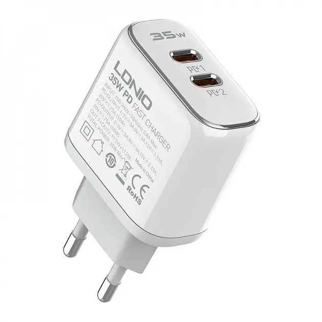 Зарядное устройство блок-адаптер питания Ldnio A2528C 35 W 2 порта USB-C белое - фото 3