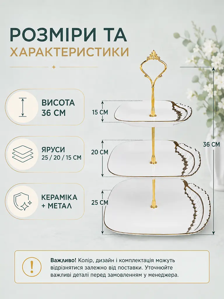 Триярусна керамічна підставка етажерка для десертів і фруктів 36 см, яруси 25/20/15 см, біла із золотистою стійкою (49676227) - фото 3