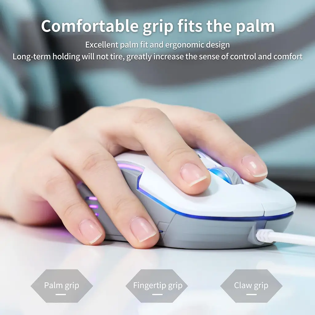 Компьютерная мышка Onikuma C12 для ПК и ноутбука ведущая USB с RGB подсветкой и 800-6400 DPI эргономичная Белый - фото 3