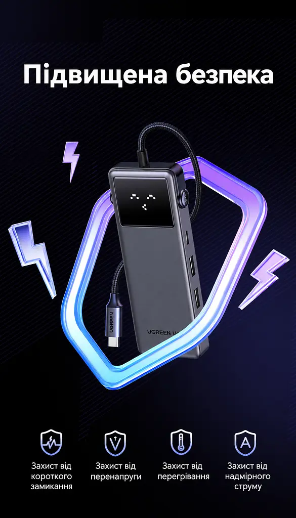 USB-C хаб UGREEN Uno CM889 6 в 1 3 USB-A 3.0 + 1 USB-C 3.0 для даних до 5 Гбіт/с HDMI до 4K 60 Гц / 2K 144 Гц / 1080p 240 Гц вхід USB-C PD 3.0 до 100 Вт хост до 90 Вт без споживача на виході PD або до 70 Вт із ним заряджання периферії через USB-C PD 3.0 до 20 Вт HDMI потребує USB-C хоста з DisplayPort Alt Mode кнопка ввімкнення/вимкнення HDMI LED-дисплей стану підключень дублювання/розширення без драйверів сірий із чорною панеллю (75177) - фото 11