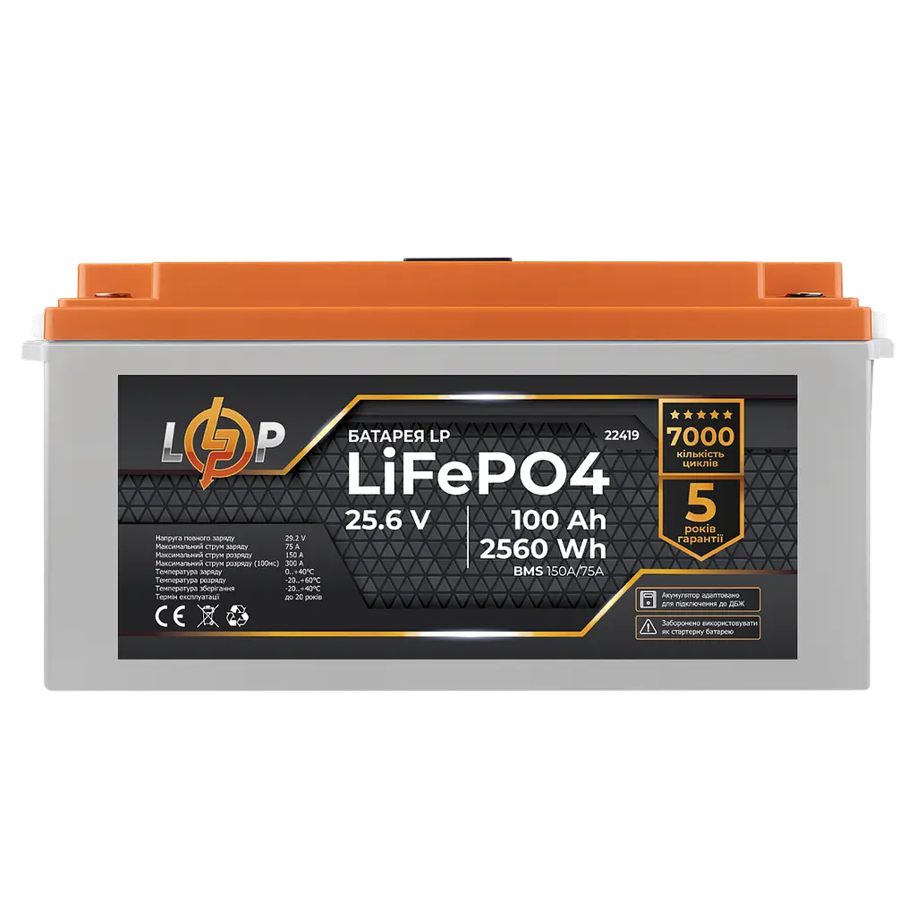 Аккумулятор LP LiFePO4 24V (25,6V) - 100 Ah (2560Wh) (BMS 150/75А) пластик LCD для ИБП - фото 4
