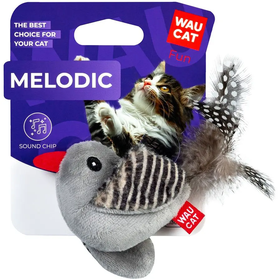 Игрушка для кошек Waucat Fun Melodic Птичка со звуковым чипом искусственный мех плюш перо 130 мм - фото 3