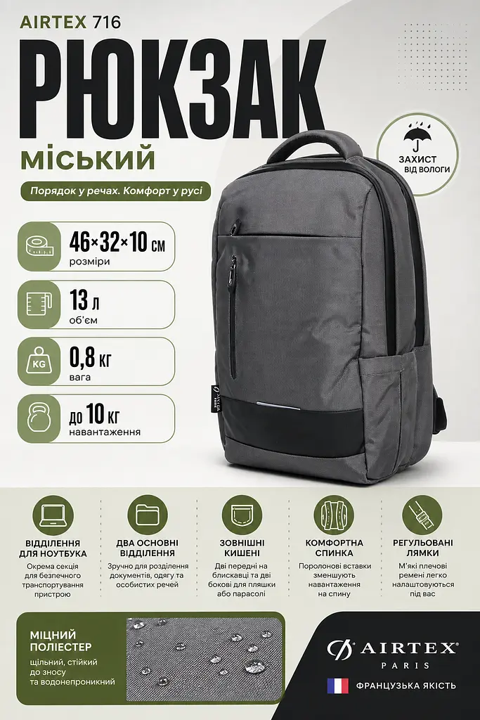 Рюкзак Airtex 716 Поліестер водонепроникний 13 л Сірий - фото 3